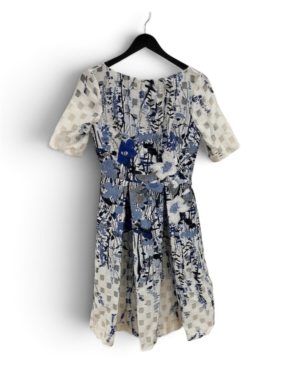Lela Rose Blue and Cream Floral Fit-and-Flare Dress